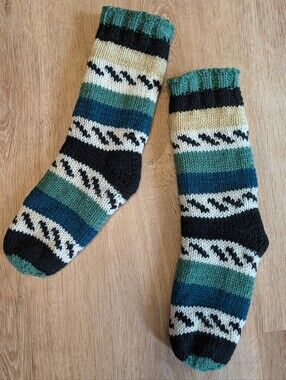 Darn Good Yarn Handmade, Striped Wool Knit Fleece Lined Reading Socks